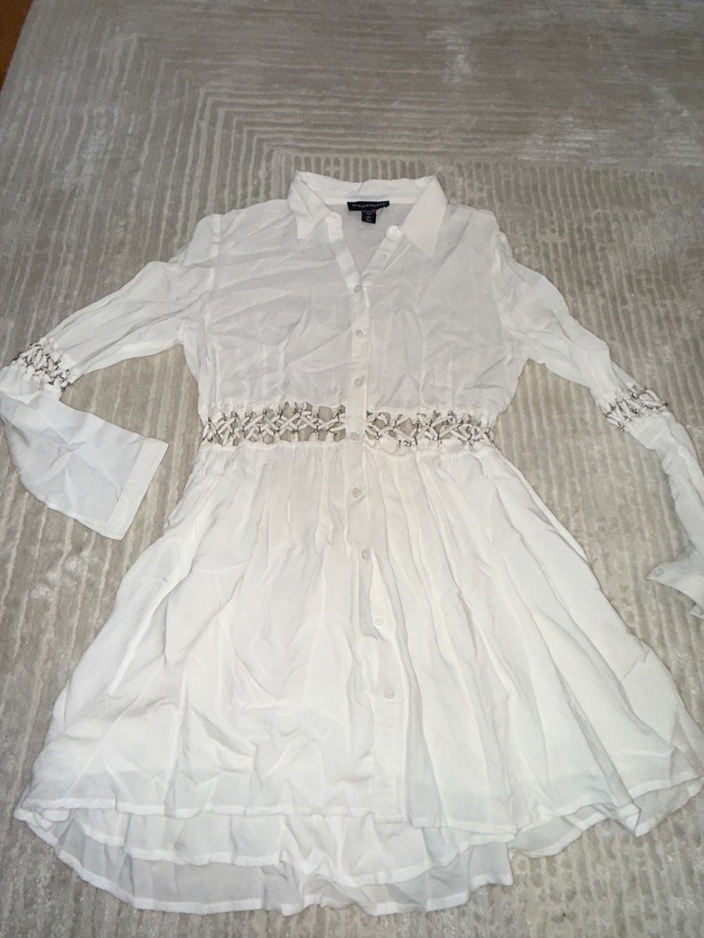 Stylestalker White Button-Down Long Sleeve Dress with Smocked Waist